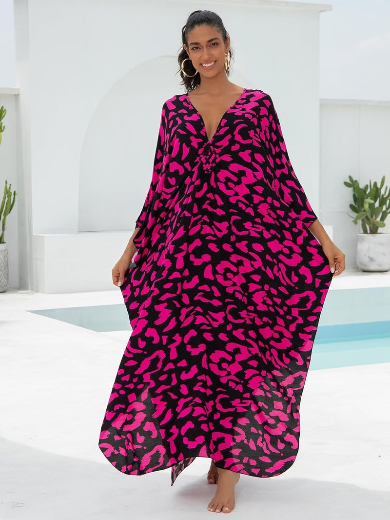 IMAGEKOPE Women's Plus Size Animal Print V-Neck Batwing Kaftan Beach Dress Bathing Suit Cover-Up Loungewear - Image 3